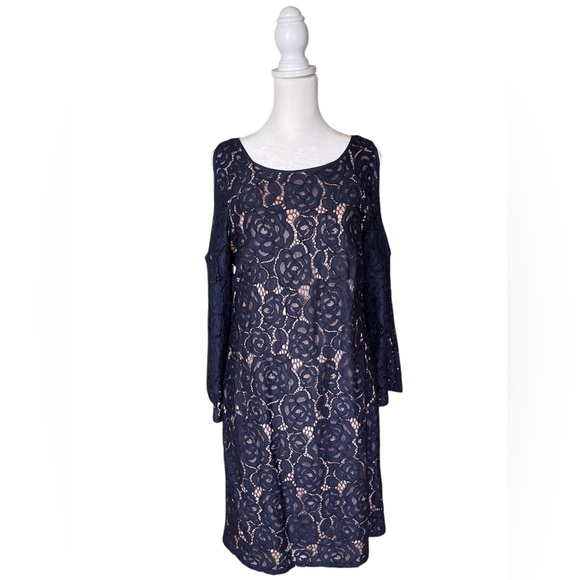 Adrianna Papell Blue Lace Cold Shoulder Shift Party/cocktail Dress Women’s Sz 10 - Picture 1 of 14